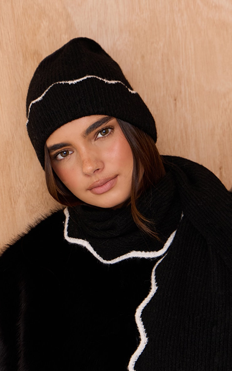 Black With White Scalloped Trim Beanie | Accessories | PrettyLittleThing US