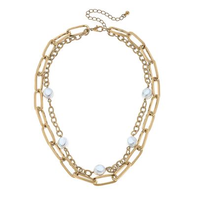 Perrie Layered Pearl & Chunky Chain Necklace in Worn Gold | CANVAS