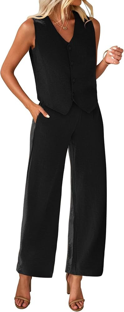 KIRUNDO Womens Two Piece Outfits Summer Fashion Button V Neck Crop Vest Blazer and Wide Leg Pants... | Amazon (US)
