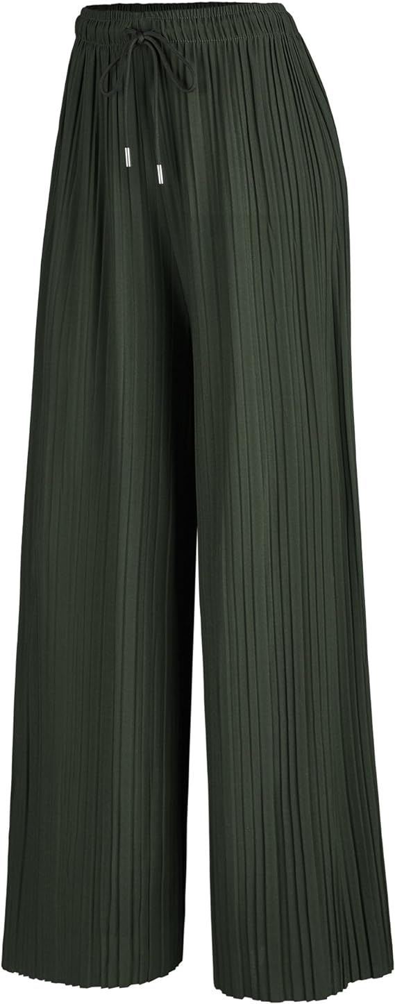 Made By Johnny Women's Premium Pleated Maxi Wide Leg Palazzo Pants Gaucho- High Waist with Drawst... | Amazon (US)