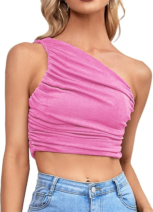 LYANER Women's Sexy Ruched One Shoulder Sleeveless Crop Top Strappy Cami Tank Pink Medium at Amaz... | Amazon (US)