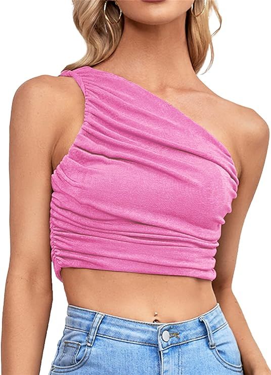 LYANER Women's Sexy Ruched One Shoulder Sleeveless Crop Top Strappy Cami Tank Pink Medium at Amaz... | Amazon (US)