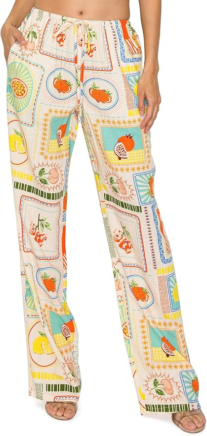 Cali1850 Women's Printed Linen Pants - 30" Inseam Drawstring Elastic Waist Casual Pull On Beach L... | Amazon (US)