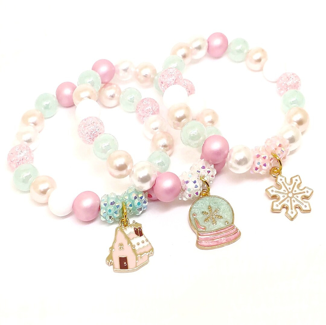 Pastel Christmas Bracelets Pink Blue Gingerbread House Snowflake Snowglobe Jewelry - Etsy | Etsy (US)