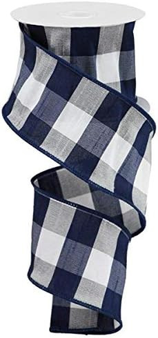Large Check Faux Dupioni Wired Edge Ribbon - 2.5 Inch x 10 Yards (Navy, White) | Amazon (US)