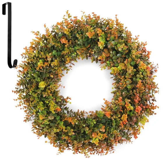 HKKDKTA 24" Fall Wreath for Front Door with Hook, Artificial Boxwood Leaves Wreaths, Autumn Farmh... | Walmart (US)