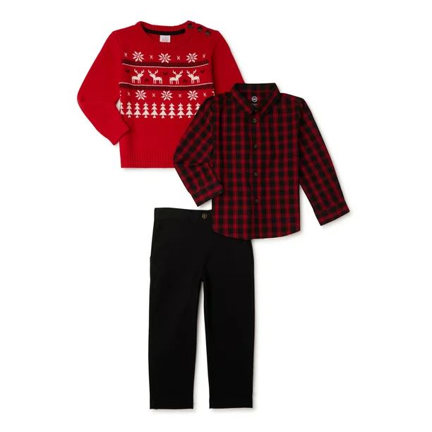 Wonder Nation Baby Boy & Toddler Boy Holiday Sweater, Button-Up Shirt, and Pants Dressy Outfit Se... | Walmart (US)