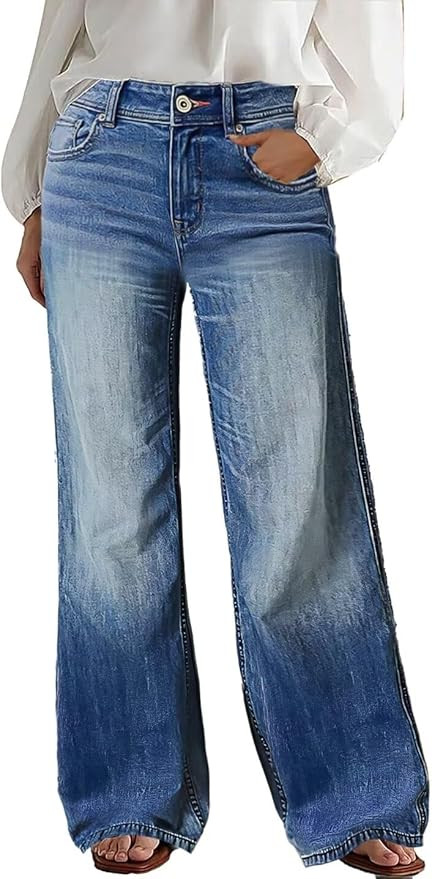 Flamingals Wide Leg Jeans for Women Mid Waist Baggy Stitch Decor Denim Washed Pants Without Belt | Amazon (US)