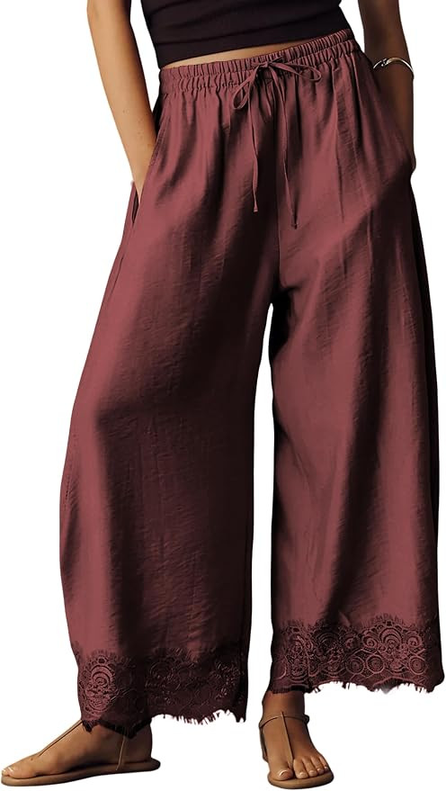 Lviefent Womens Cropped Lace Hem Pants Casual Boho Wide Leg Capri Trousers | Amazon (US)