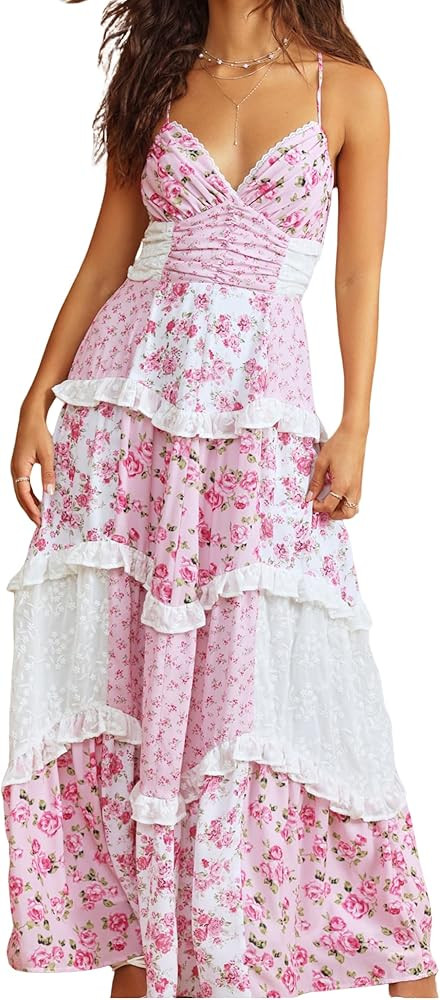 ebossy Womens Lace Patchwork Floral Maxi Dress Spaghetti Strap Sexy Backless Ruffle Tiered Boho B... | Amazon (US)