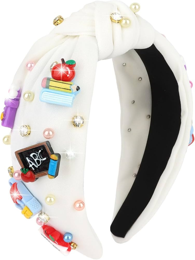 Teacher Headband Knotted White Back to School Headband Rhinestone Pearl Embellished Teacher Acces... | Amazon (US)