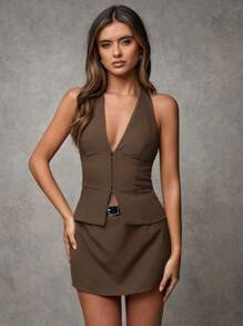 SHEIN BAE Women's V Neck Khaki Solid Color Casual Blazer Woven Suit Vest Sexy Office Siren Old St... | SHEIN