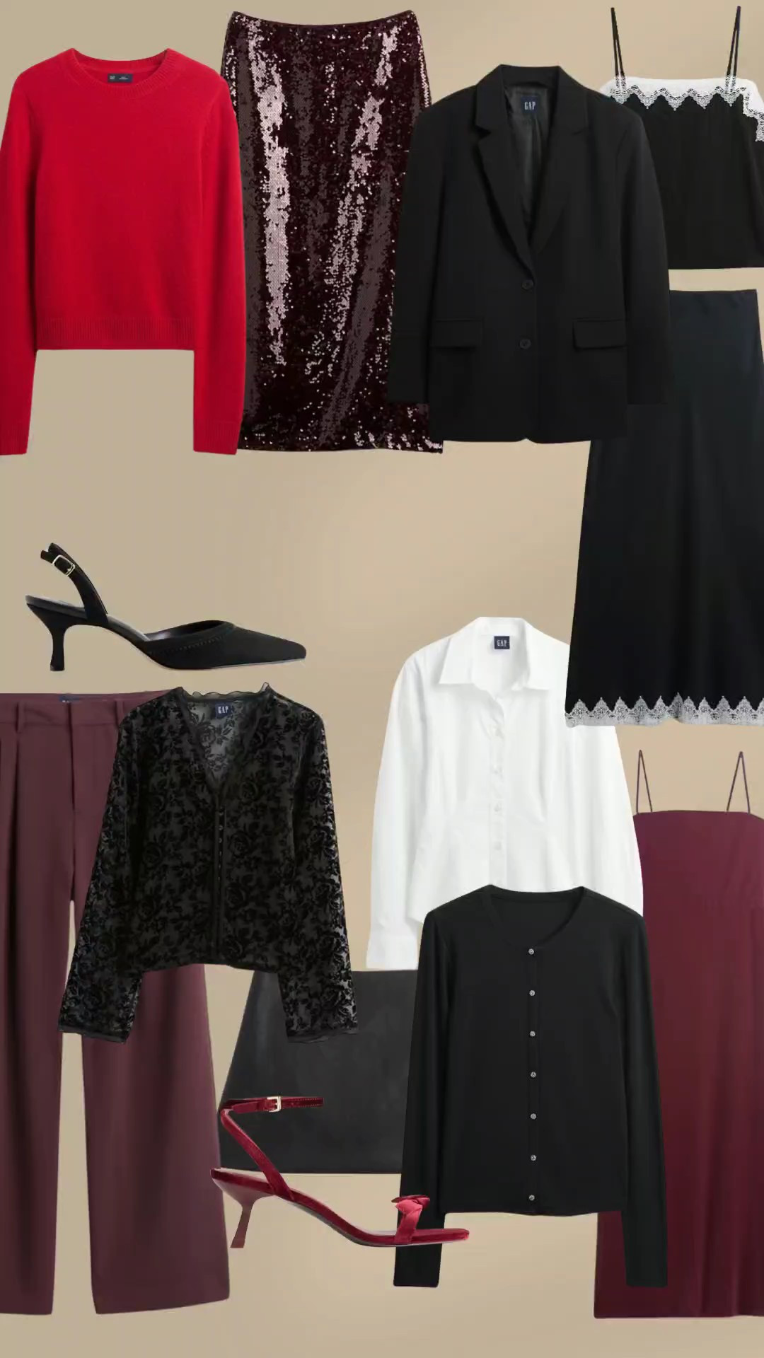 Gap Holiday styles. Style inspiration. Christmas looks. Holiday party. Sequin skirt. Lace skirt. Kitten heels. Lace. Satin trousers. Burgundy pants. Blazer. Going out looks. Cardigan. Leather skirt. Christmas party. 

#LTKHoliday #LTKSeasonal #LTKSaleAlert