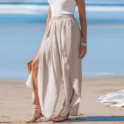 Women's Breezy Beach Chic Palazzo Cover Up Pants with Side Slits - Cupshe-L-Beige | Target