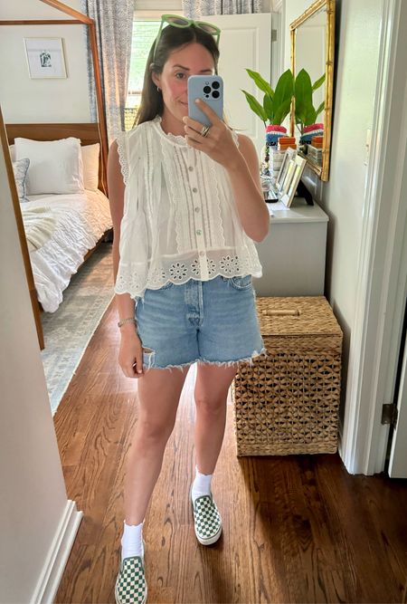 Easy summer OOTD. Jean shorts. Agolde jean shorts. White blouse. Vans. White top. Spring outfit. Summer outfit. Mom outfit. LTKseasonal. LTKfindsunder100.

#LTKShoeCrush #LTKFindsUnder100 #LTKSeasonal
