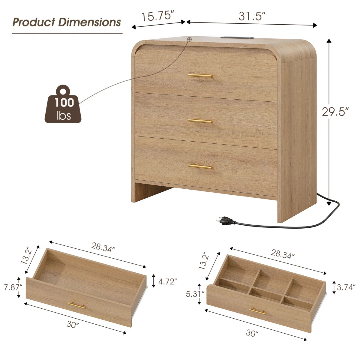 3 Drawers Oversized Night Stand, Modern Bedside Table With Charging Station, 31.5'' W Extra Large... | Wayfair North America