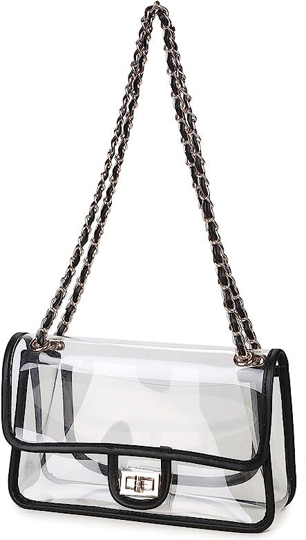 Womens PVC Clear Purse Handbags for Working NFL Stadium Approved Bag Turn Lock Chain Shoulder Bag | Amazon (US)