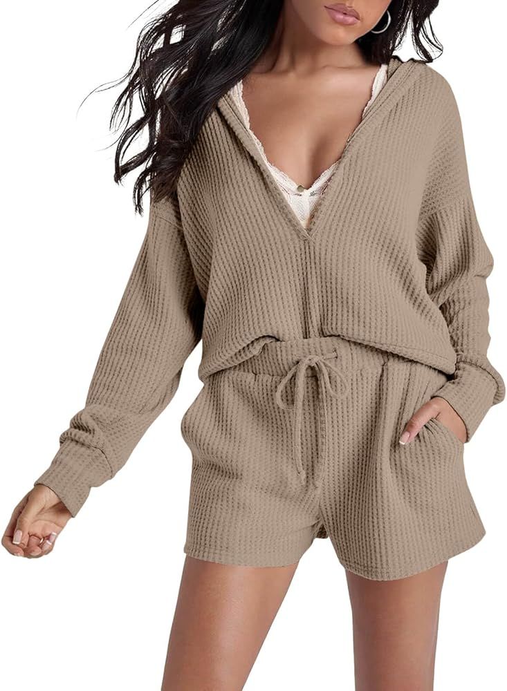 Fazortev Women's Pajama Sets Waffle Knit Long Sleeve V Neck Hoodie and Shorts 2 Piece Outfits wit... | Amazon (US)