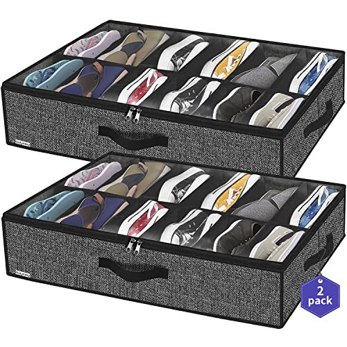 Onlyeasy Sturdy Under Bed Shoe Storage Organizer, Set of 2, Fit 12 to 24 Pairs, Underbed Shoes Closet Storage Solution with Clear Window, Breathable, L29.3"x W23.6"x H5.9", Linen-like Black, MXAUBSB2P | Amazon (US)