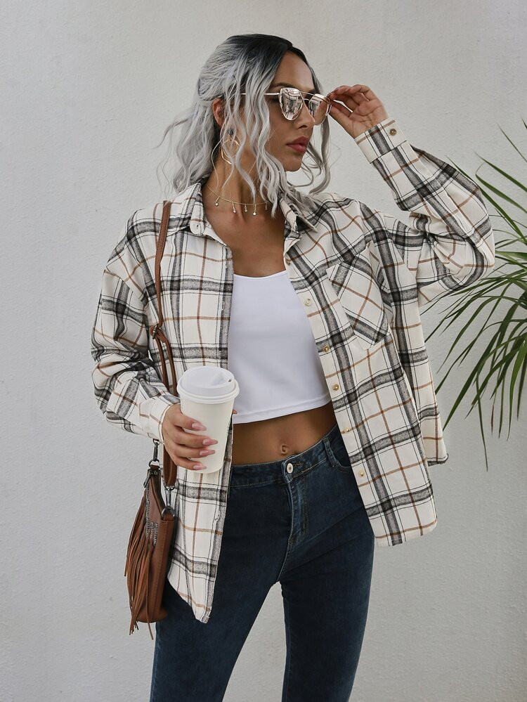 Plaid Patched Pocket Drop Shoulder Coat | SHEIN