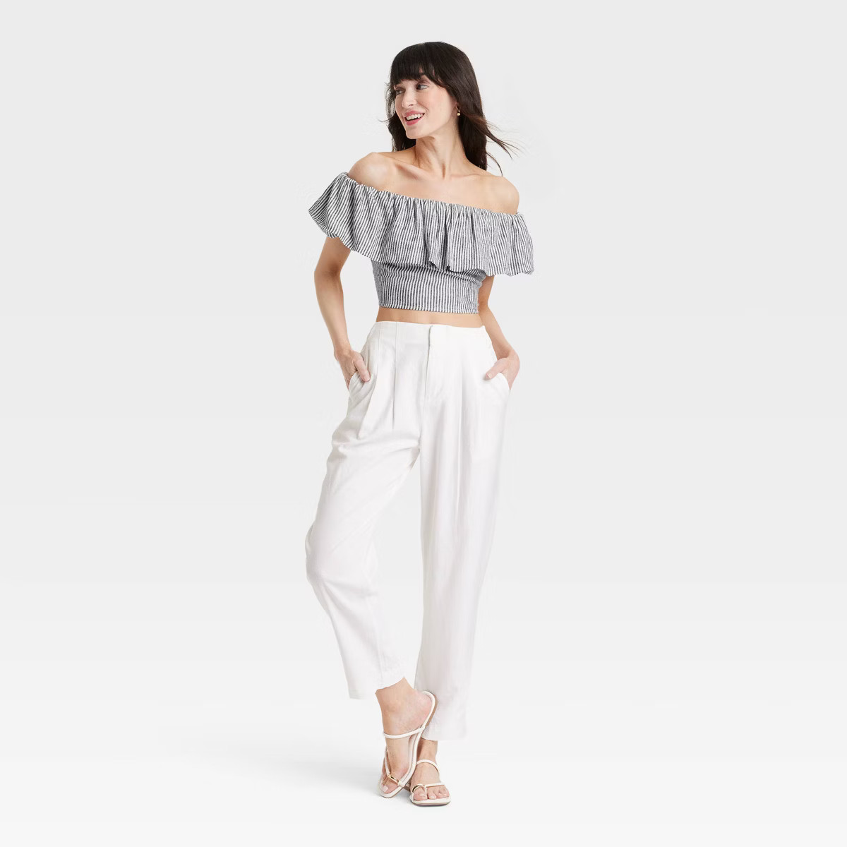 Women's Slim Fit Ruffle Sleeve Off the Shoulder Linen Blouse - A New Day™ | Target