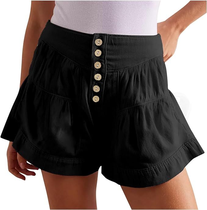 Women's Summer Shorts Solid Button High Waist Pocket Shorts Layered Ruffle Socks for Ladies Low S... | Amazon (US)