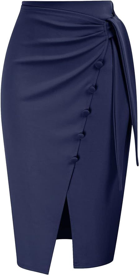 LIUMILAC Women Wrap PU Leather Skirt Split High Waist Midi Bodycon Pencil Skirt | Amazon (US)
