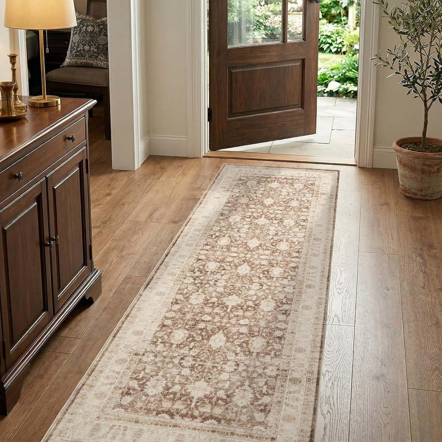 jinchan 2x6 Vintage Floral Runner Rug, Washable Non Slip, Taupe | Amazon (US)