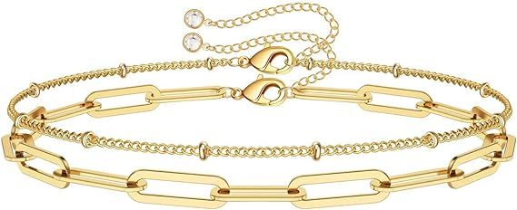 Dainty Gold Bracelets for Women, 14K Gold Plated Adjustable Layered Bracelet Cute Evil Eye Oval C... | Amazon (US)
