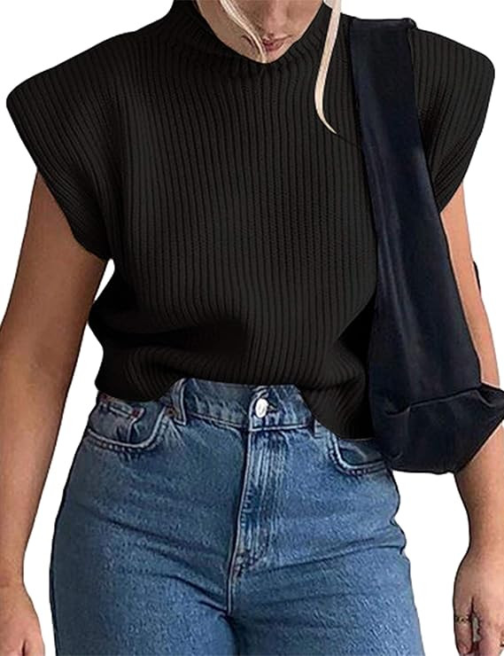 Himosyber Women's Solid Sleeveless Vest Elegant High Neck Stetchable Cap Sleeve Knit Sweater Tops | Amazon (US)