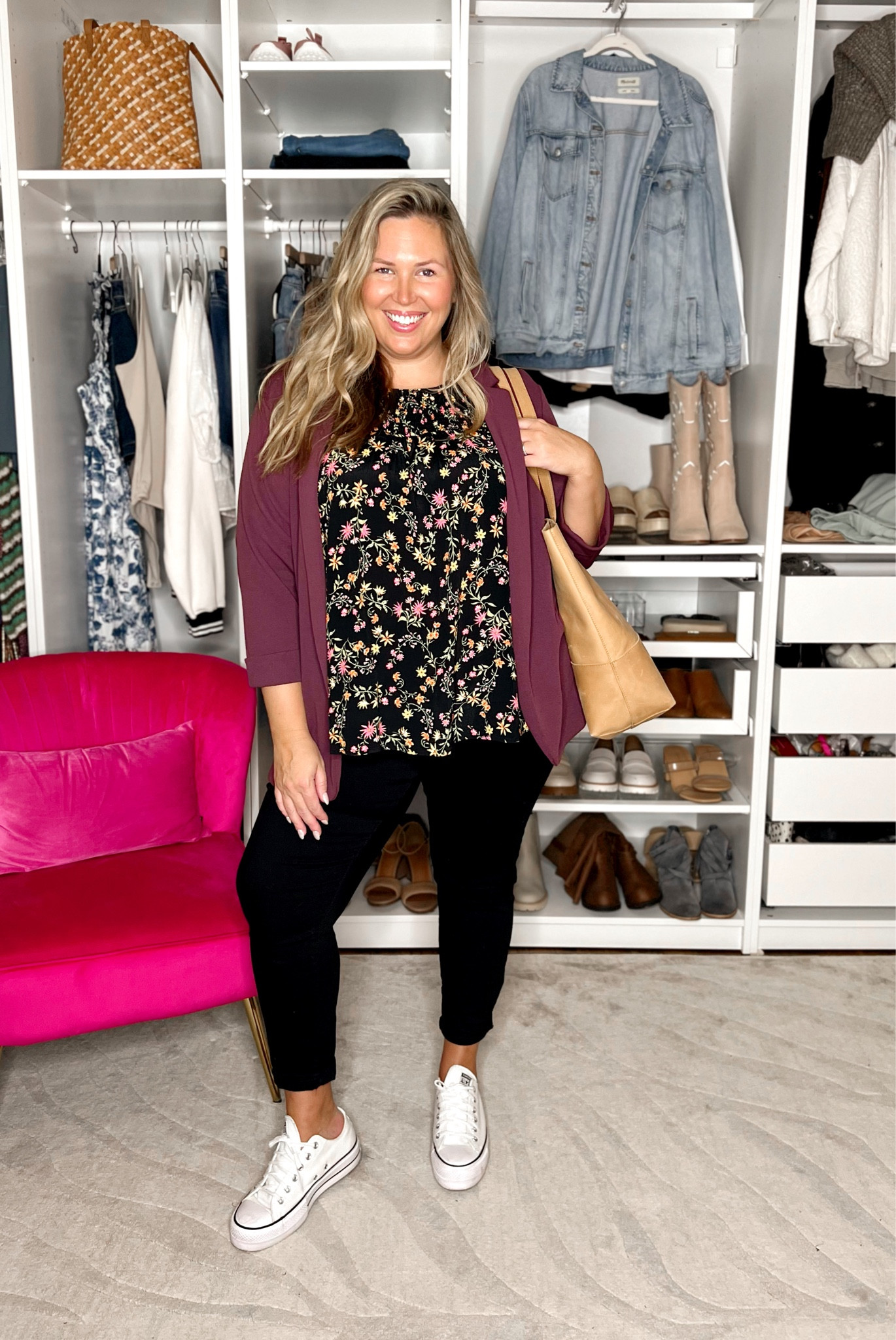 Plus Size Teacher Outfit! Ashley is wearing a top from Walmart in a size 2X, a blazer from Maurices in a 2X, a pair of black jeana from Universal Thread at Target in a size 18, a pair of platform converse sneakers, and a large tote from ABLE! 

#LTKcurves #LTKBacktoSchool #LTKSeasonal