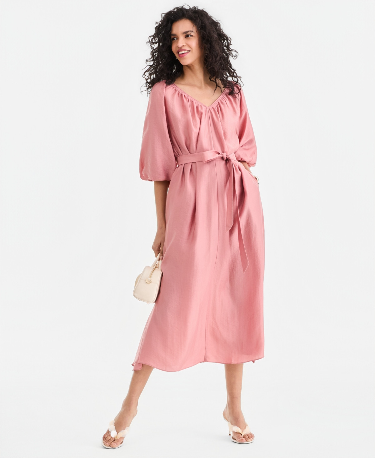 I.n.c. International Concepts Women's 3/4 Sleeve Tie-Waist Midi Dress, Macy's Exclusive - Desert Sand Dune | Macy's
