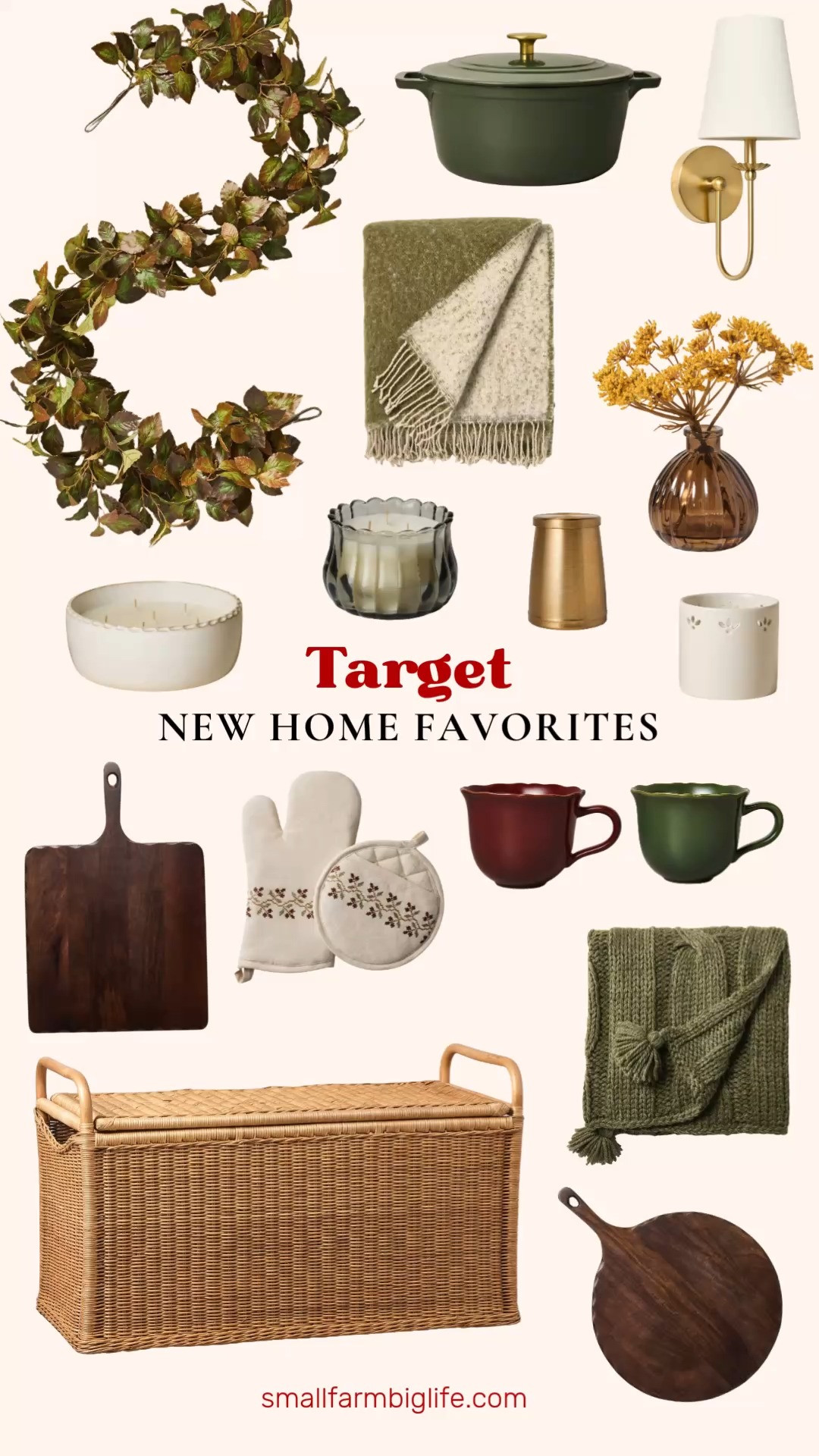 More new Target home favorites just landed and they are giving all the cozy fall feels. My LTK has all of these linked and ready to shop for an easy seasonal refresh.
For cozy textiles, I am loving the green cable knit throw blanket, the green mohair reversible throw blanket, and the oversized rattan woven blanket chest for pretty storage. The 72 inch turning leaf garland is such a simple way to bring fall into your space.
For the kitchen, the green 5 quart cast iron dutch oven, the burgundy and green scalloped mugs, the carved edge wood boards in both square and round, and the sour cream oven mitt set with the stitched icon are all such a great mix of function and style. For lighting and decor, the brass scallop wall sconce and the brass match holder with matches add such a warm touch, and the mini yellow sedum in the amber vase arrangement is a pretty easy accent piece. Rounding it all out are three beautiful candles for the season, oak and embers, bergamot, and harvest chestnut.
Shop all of my new Target home favorites linked in this post to get your home ready for fall. 

 #LTKHome