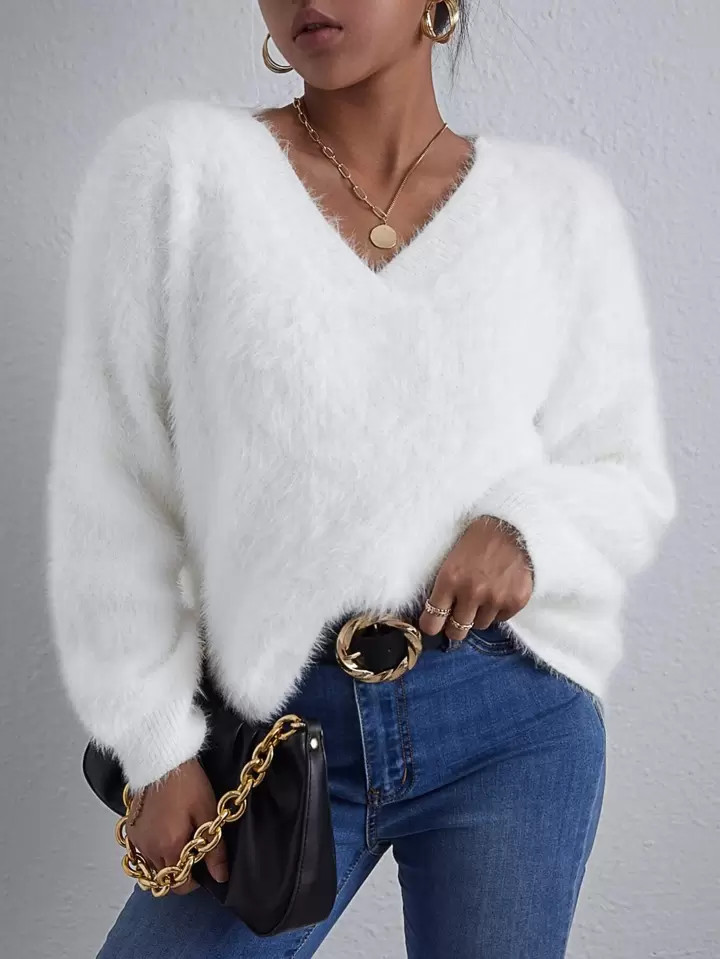 SHEIN Essnce V Neck Fluffy Knit Sweater,Long Sleeve Tops | SHEIN