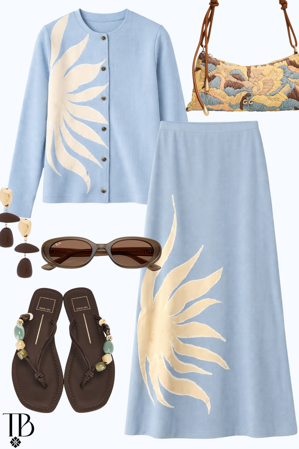 Soft and chic 💙 This blue matching cardigan and skirt set paired with brown sandals, statement earrings, and a woven bag makes the perfect polished daytime look.

 

 #LTKdayinmylife #LTKSeasonal #LTKTravel