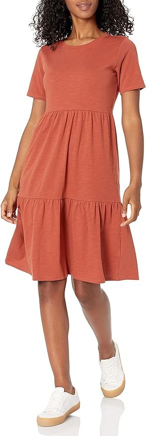 Amazon Essentials Women's Short-Sleeve Crewneck Tiered Dress | Amazon (US)