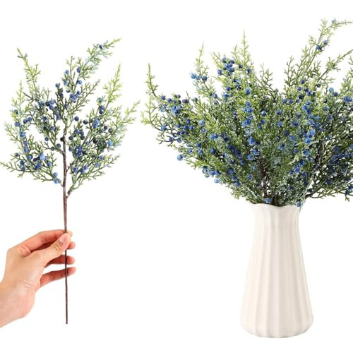 Suncalla 4 Pcs Christmas Blue Berry Picks 16" Artificial Glitter Berry Juniper Tree Floral Greenery Stems Iced Winter Decor for Farmhouse Xmas Tree, Vase Fillers, Wreaths, Fireplace Mantels | Amazon (US)