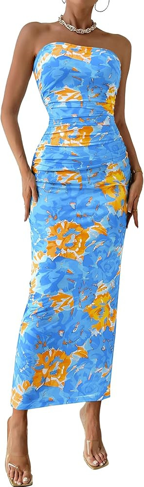 PRETTYGARDEN Women's Summer Wedding Guest Dress Strapless Tube Top Maxi Bodycon Long Floral Mesh ... | Amazon (US)