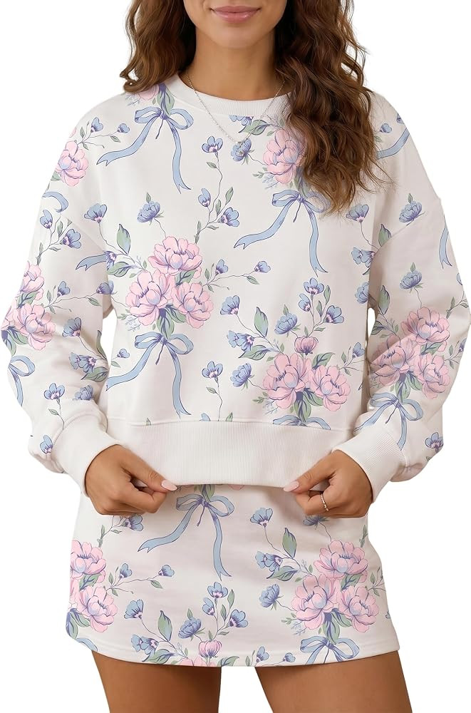 OCSTRADE Women's Sweet Floral Print Sweatshirt Two Piece Set Casual Long Sleeve Top with Elastic ... | Amazon (US)