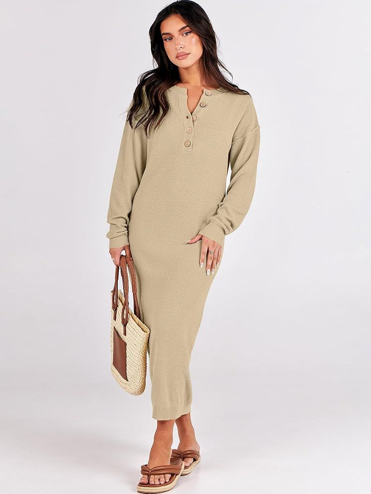 ANRABESS Women Sweater Maxi Dress Long Sleeve Button V Neck Oversized Casual Loose Waffle Knit Sweat | Amazon (US)