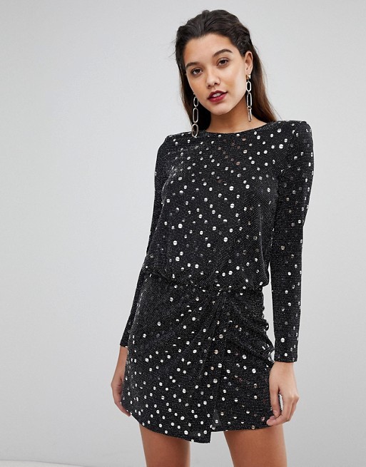 Flounce London sequin mini dress with shoulder pads in black and silver | ASOS US