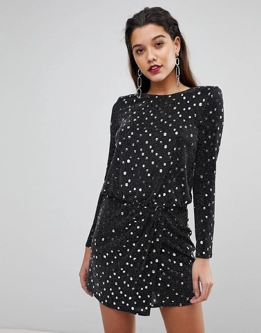 Flounce London sequin mini dress with shoulder pads in black and silver | ASOS US
