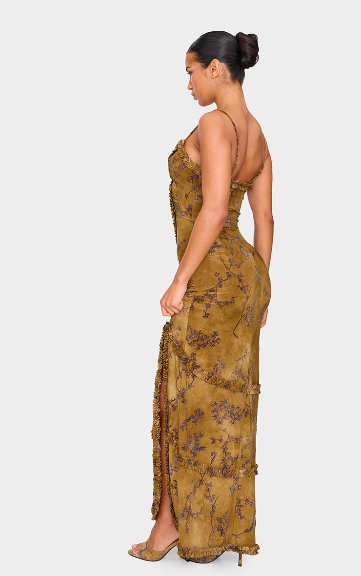 Green Floral Printed Devore Cut Out Cami Split Hem Maxi Dress | PrettyLittleThing US