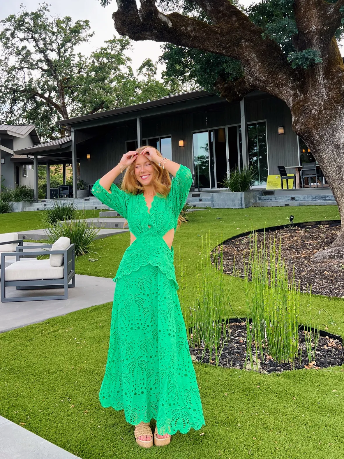 eyeshadow to wear with green dress Palm Tree Maxi adding a playful movement to every step FARM Rio Green Monstera Leaf
