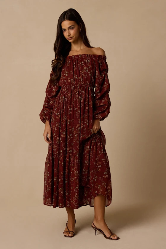 Cornelia Burgundy Floral Off-the-Shoulder Midi Dress | Lulus