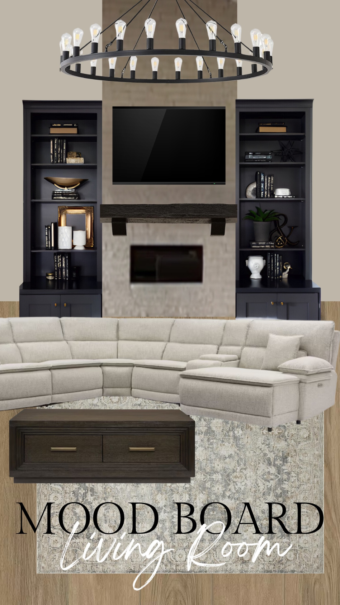 Modern organic living room home decor couch sofa sectional coffee table conversation dark brown walnut moody gold accent bookcase urbane bronze fireplace faux stone mantel insert area rug lvp black light fixture Amazon value city furniture mood board interior design transitional trending viral family 

#LTKHome #LTKFindsUnder100 #LTKFamily