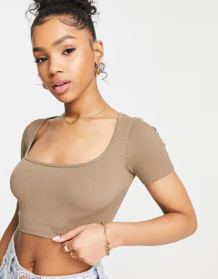 Stradivarius seamless ribbed scoop neck top in taupe | ASOS (Global)