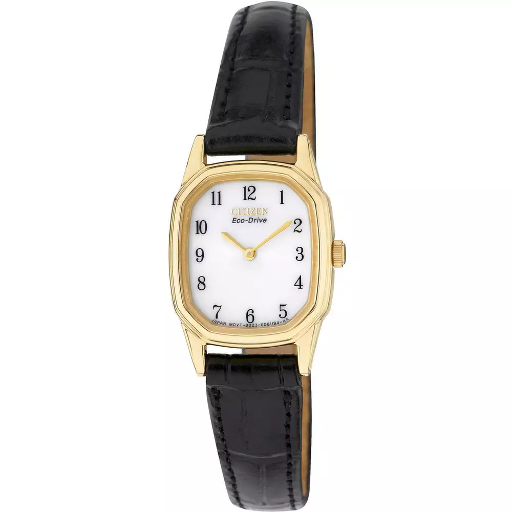 Buy Citizen Ladies Eco-Drive Gold Tone Black Strap Watch | Womens watches | Argos | argos.co.uk