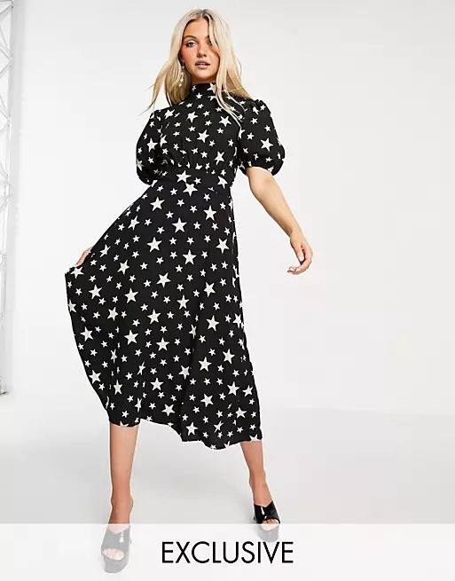 John Zack exclusive puff sleeve midi dress with open back detail in black star print | ASOS (Global)