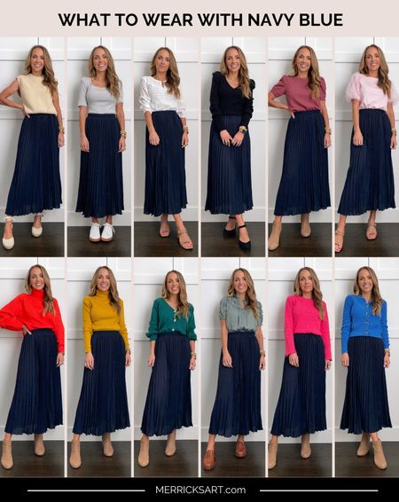 What to wear with navy blue // @amazon pleated skirt wearing size small styled for work or church 

#LTKstyletip #LTKSeasonal #LTKworkwear